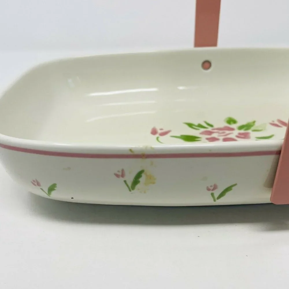 Vintage Teleflora 1985 Ceramic Serving Dish with Handle Pink‎ Floral Print White